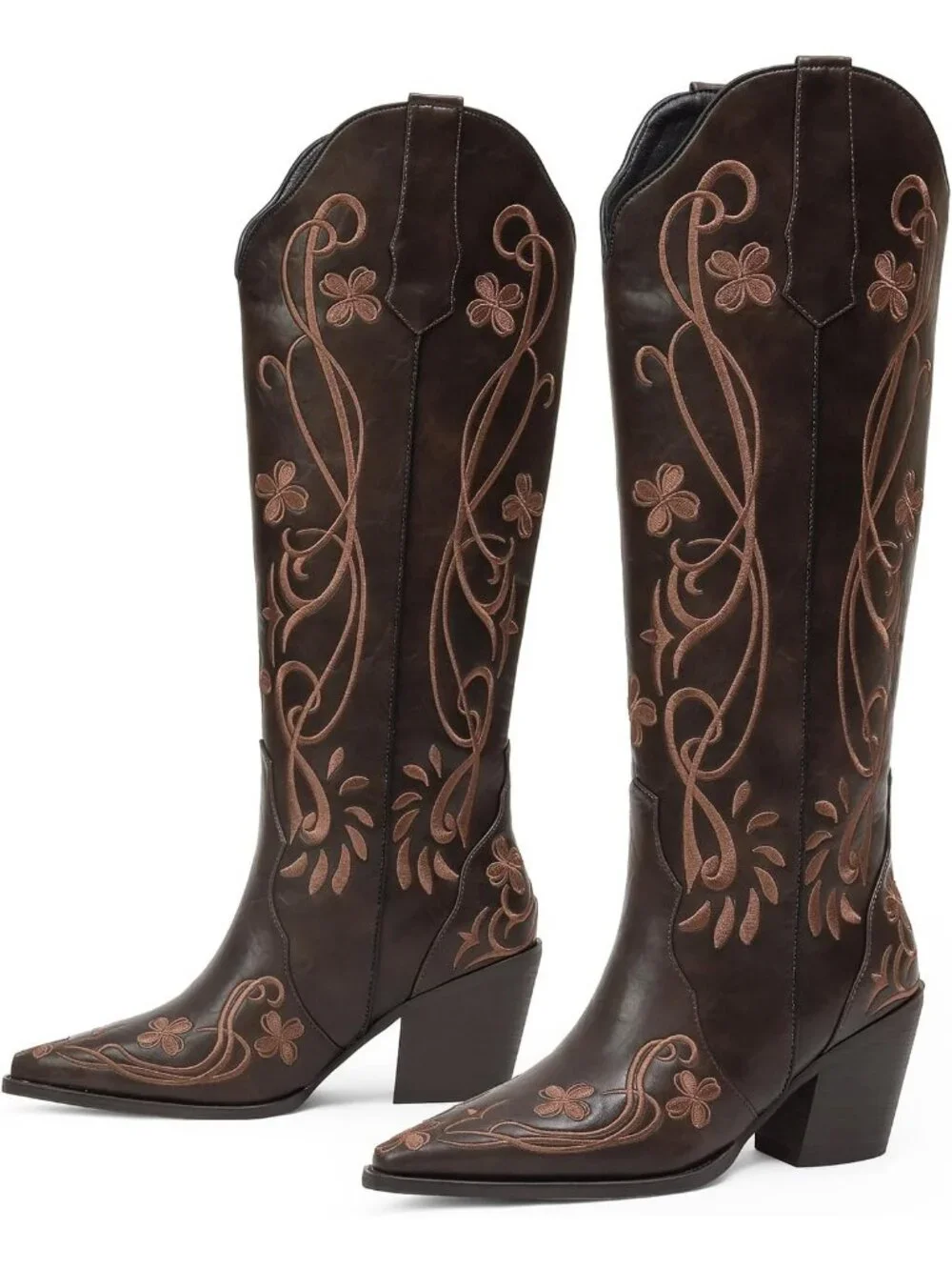 Women's Dark Brown pu Knee High Floral Embroidered Vintage Cowgirl Boots